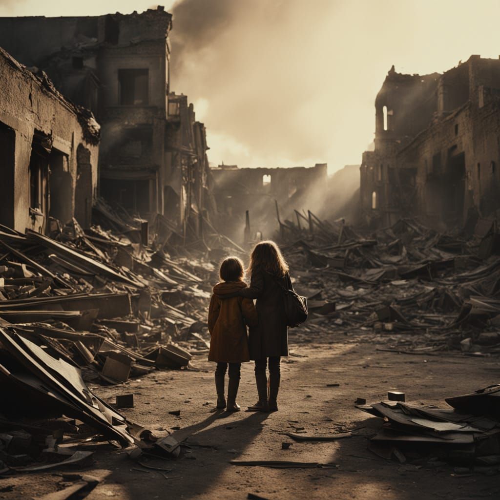 Mother and Daughter Embrace in War-Torn City