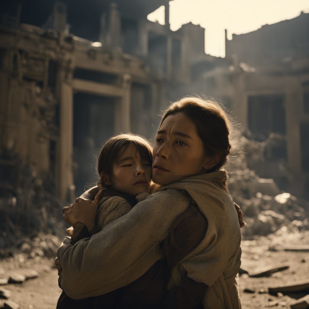 Mother and Daughter Embrace in War-Torn City