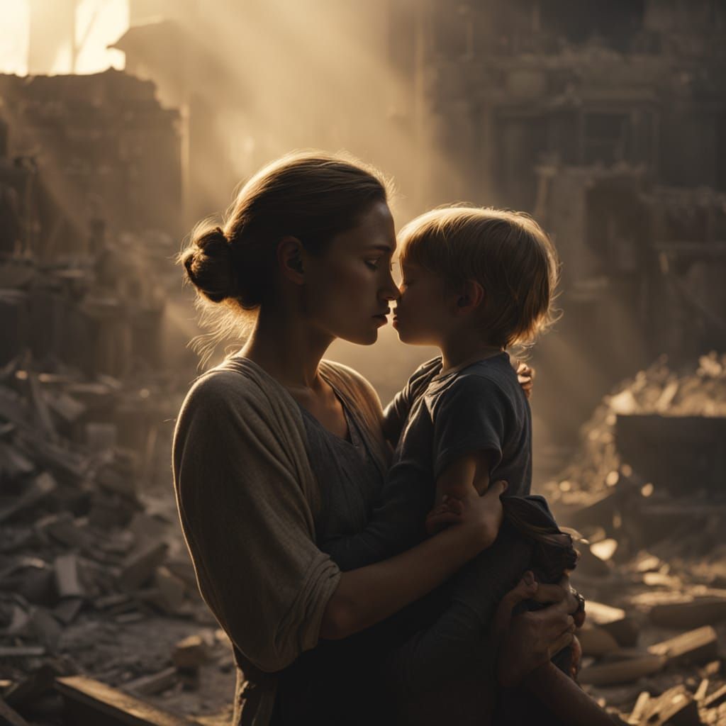 Emotional Mother-Daughter Embrace in War-Torn City