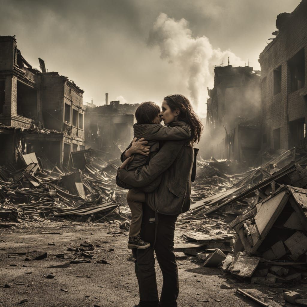 Mother and Daughter Embrace in War-Torn City