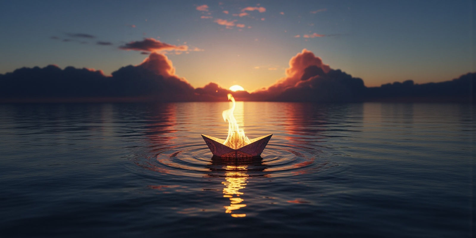 Burning Paper Boat on Twilight Sea Illustration