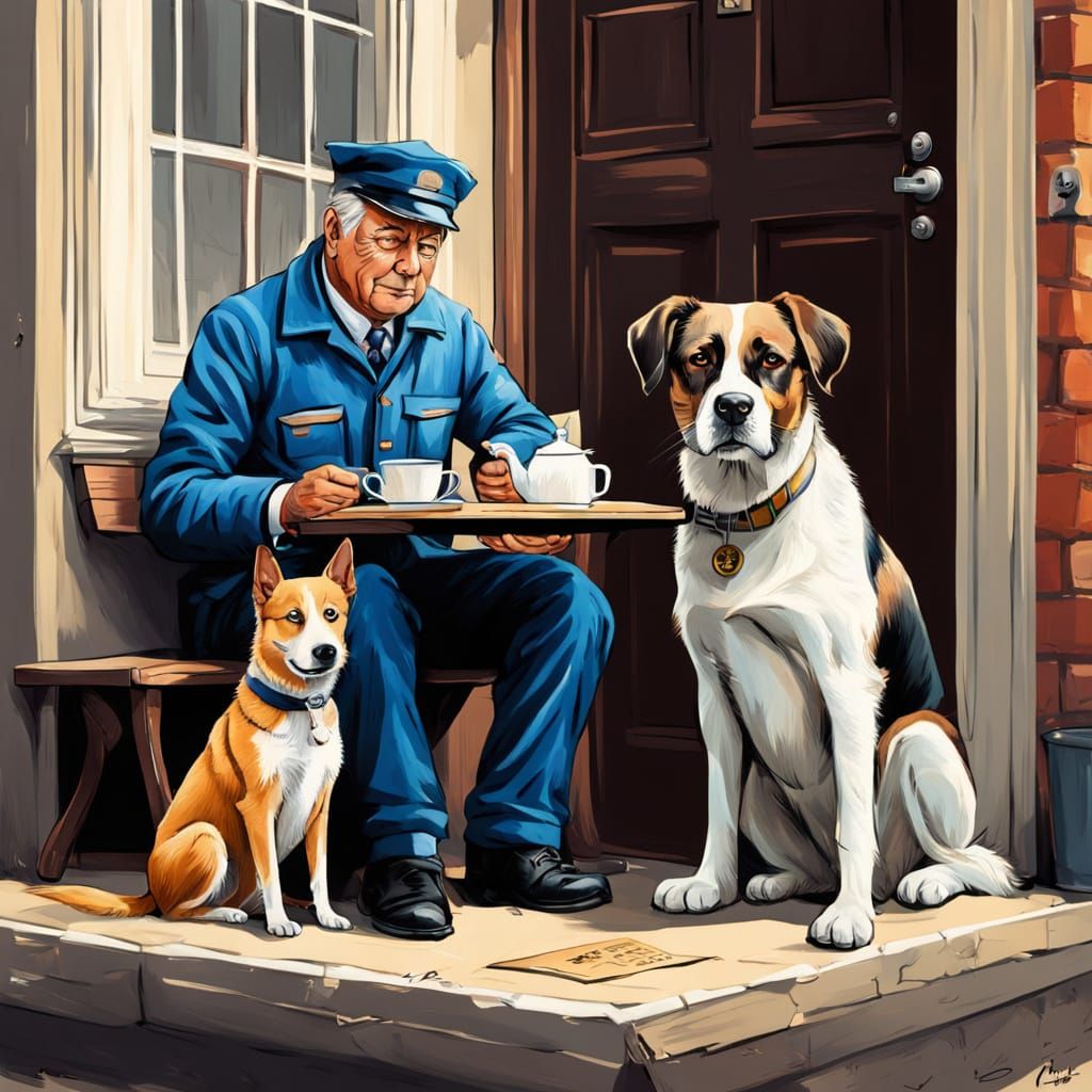 Mailman and Dog Enjoy Tea, Realistic Painting with Comic Fla...