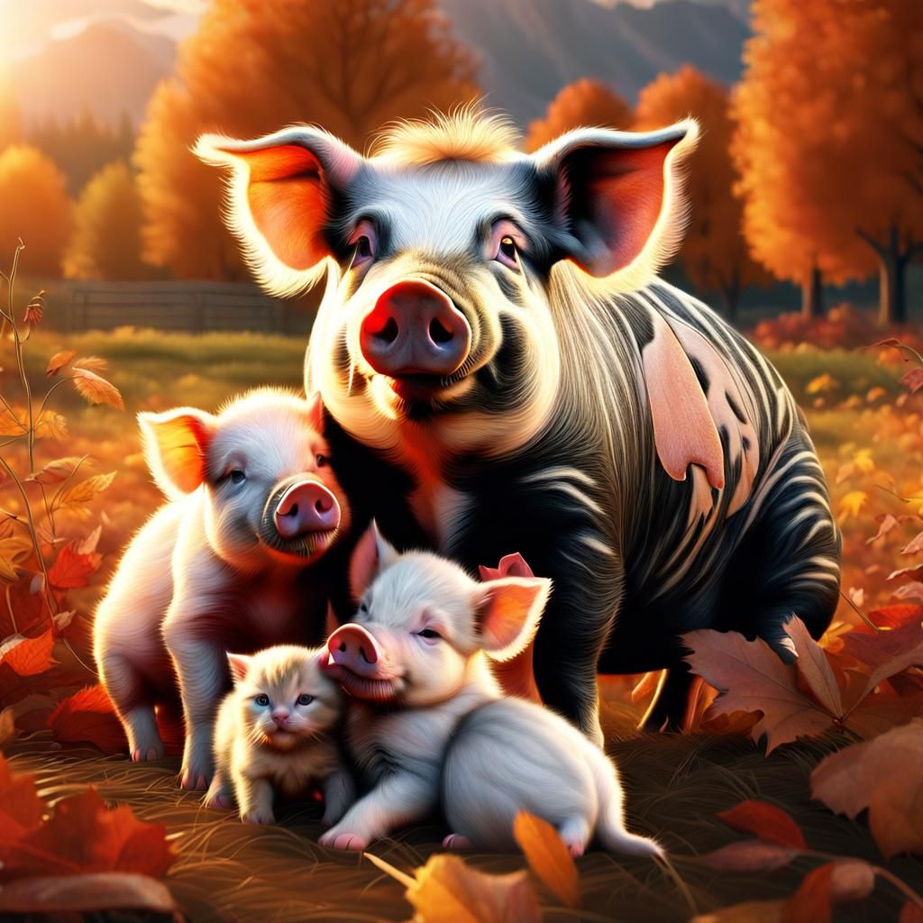 Pig Nursing Kittens in Autumn Sunset