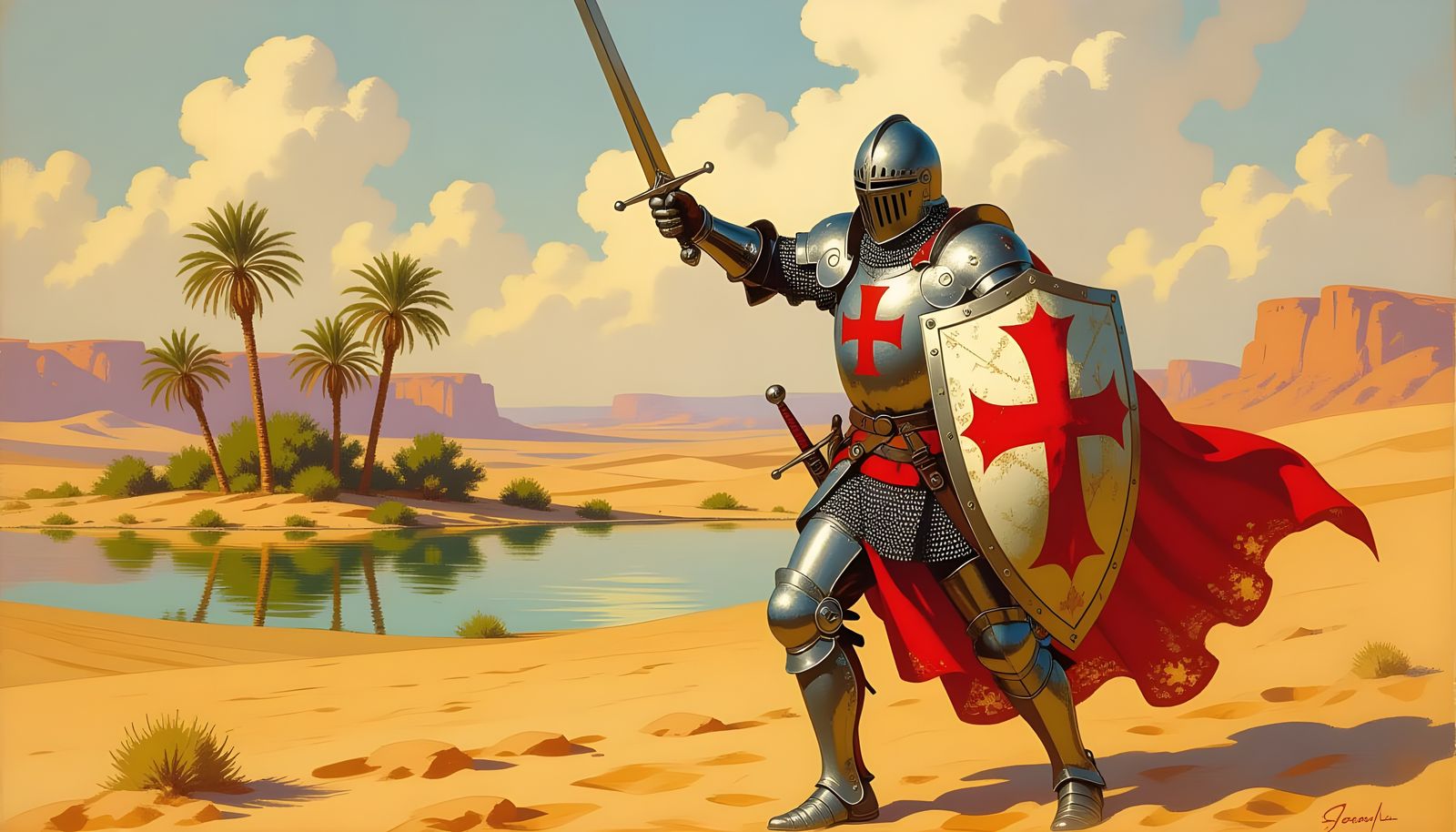 Crusader Knight in Epic Fantasy Desert Scene