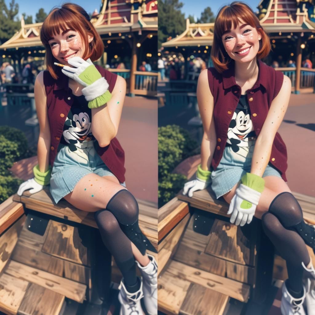 Whimsical Cartoon Woman in Disneyland with Buzz Lightyear Gl...