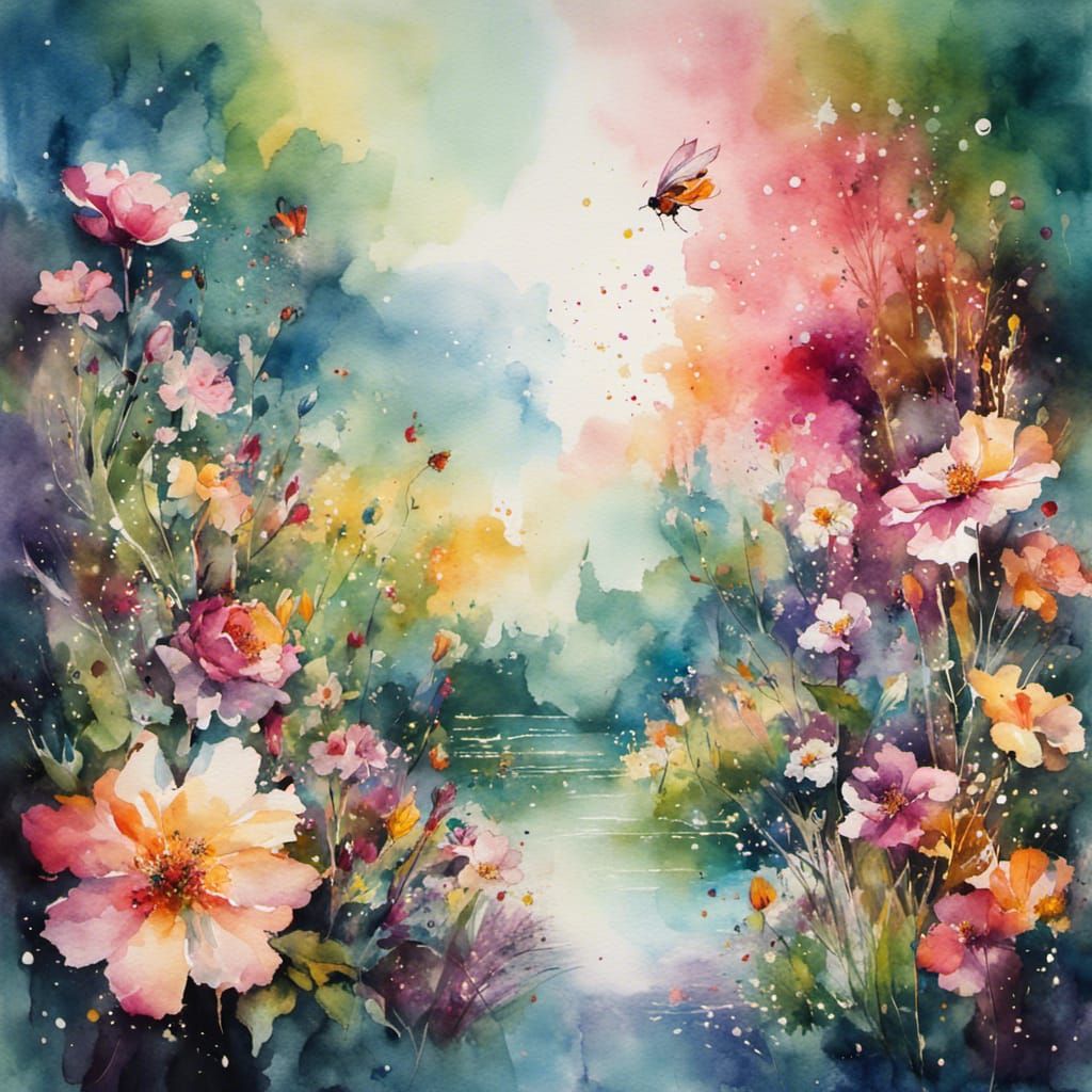 Floral Tapestry with Bees and Diamonds in Watercolor