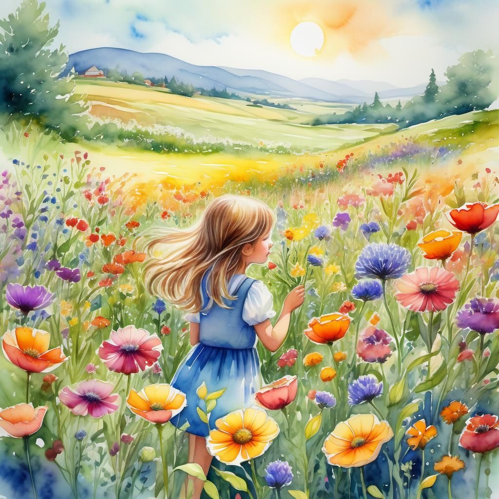 Girl Smelling Flower in Wildflower Field, Watercolor