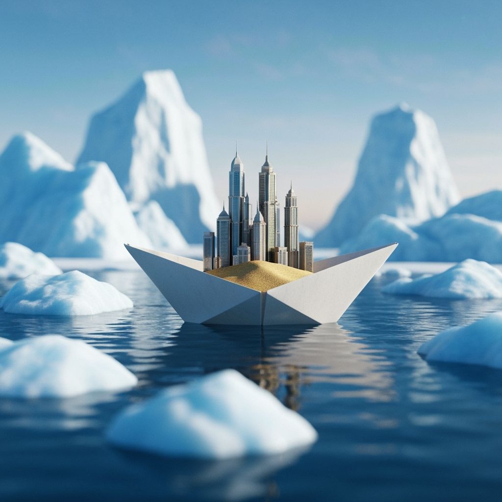 Paper Boat on Icy Ocean with Futuristic City