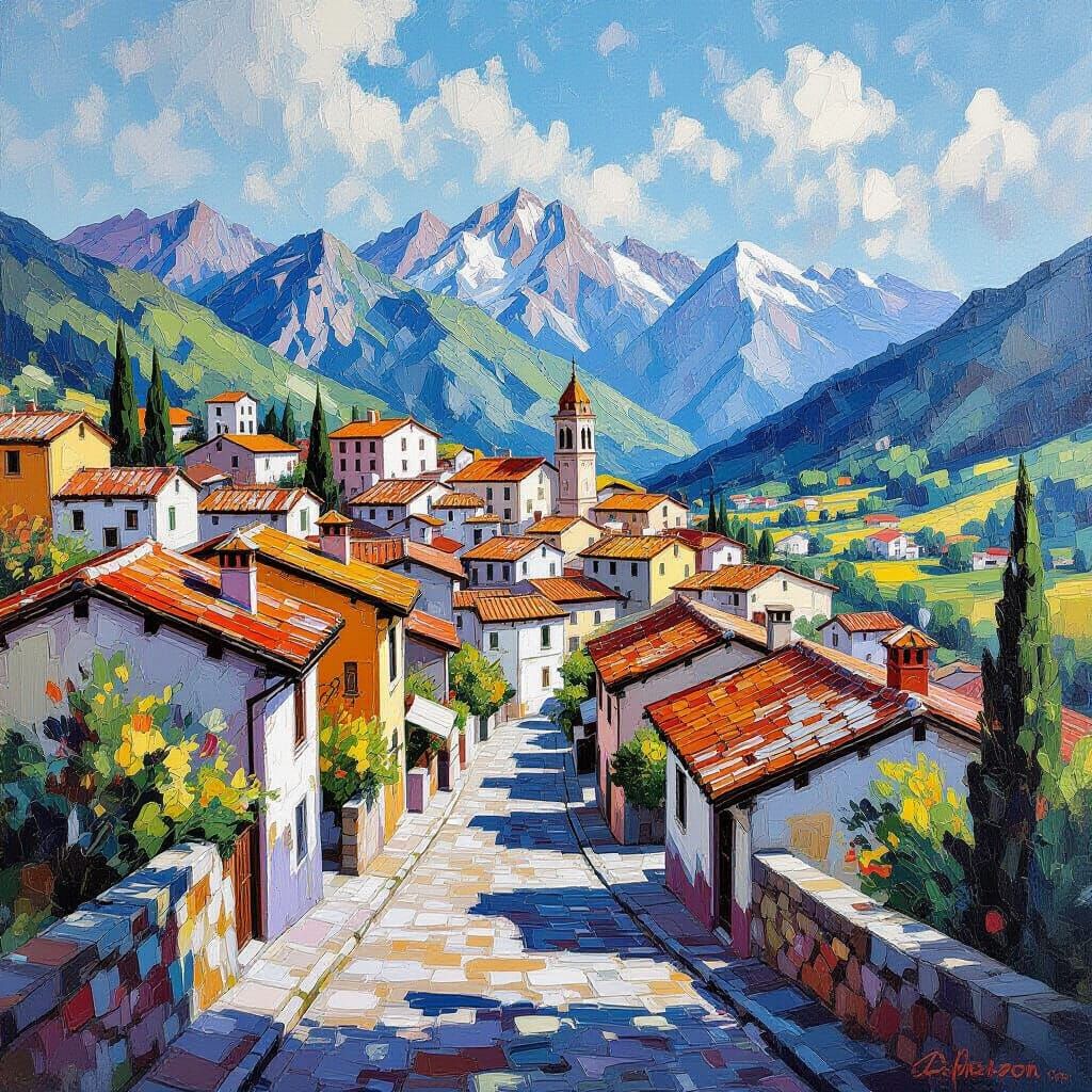 Pastoral Town Landscape Painting From Mountain View