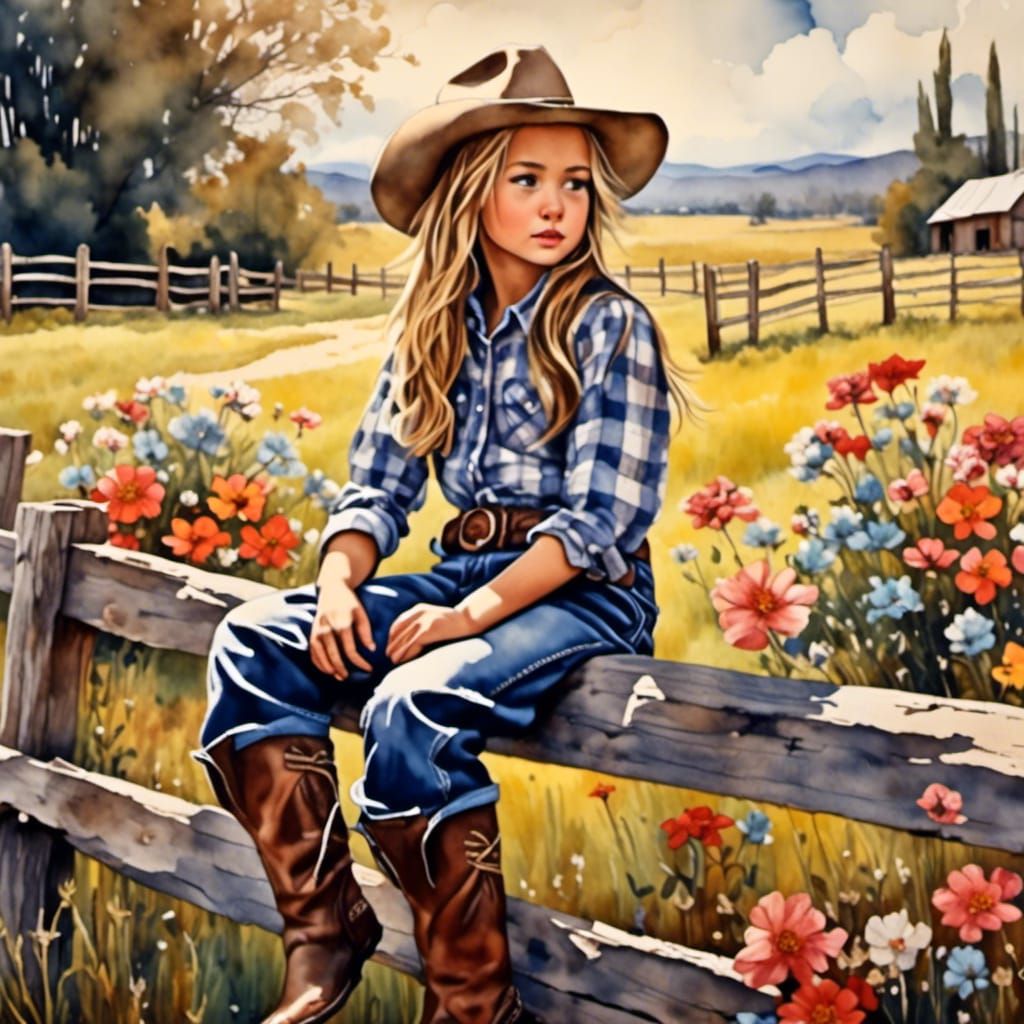 Adorable Cowgirl in Antique Watercolor Style
