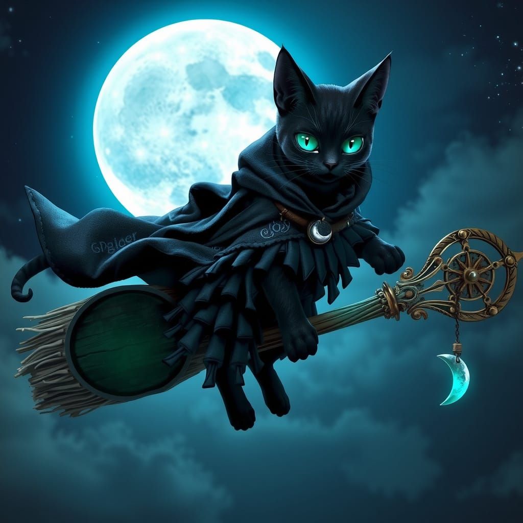 Mystical Cat Witch Soars Under Full Moon