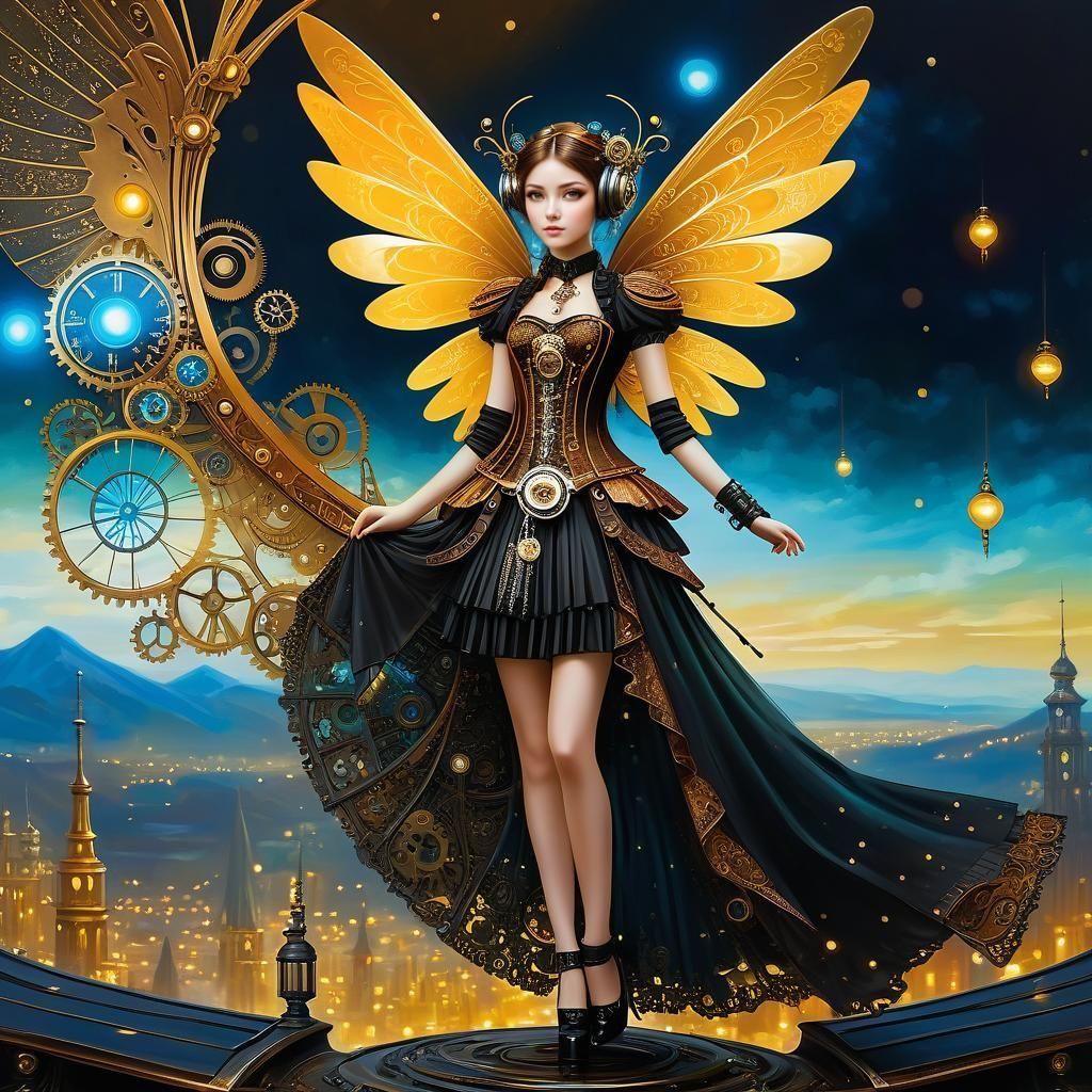 Steampunk Fairy with Golden Wings on Cyberpunk Background