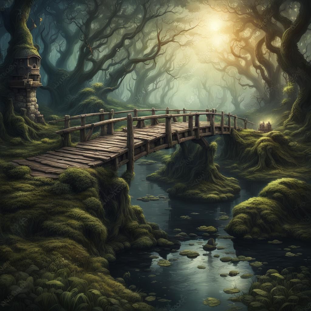 Dark Fantasy: Wooden Bridge Over Swampy River