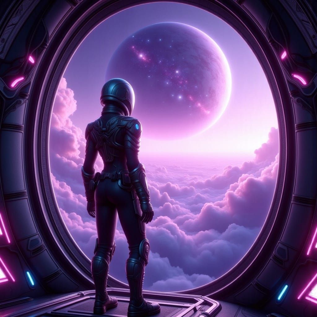 Futuristic Commander Observes Purple Alien World