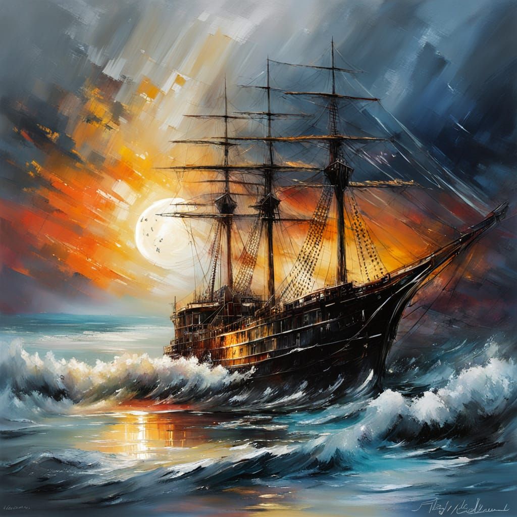 Stormy Seascape with Ghost Ship in Dark Tones