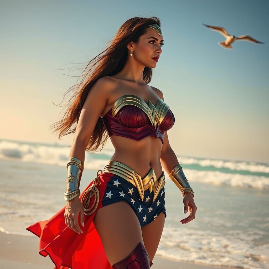 Wonder Woman Confidently Stands on Beach at Sunset