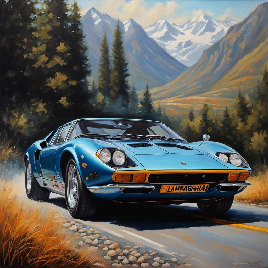 Blue Lamborghini Miura in Oil Painting Style