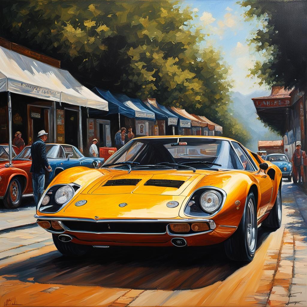 Yellow Lamborghini Miura in Oil Painting Style