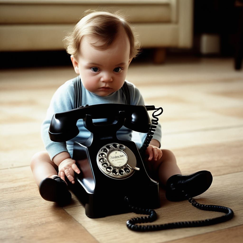 Rosy Cheeked Baby Captivated by Vintage Phone in Warm Golden...