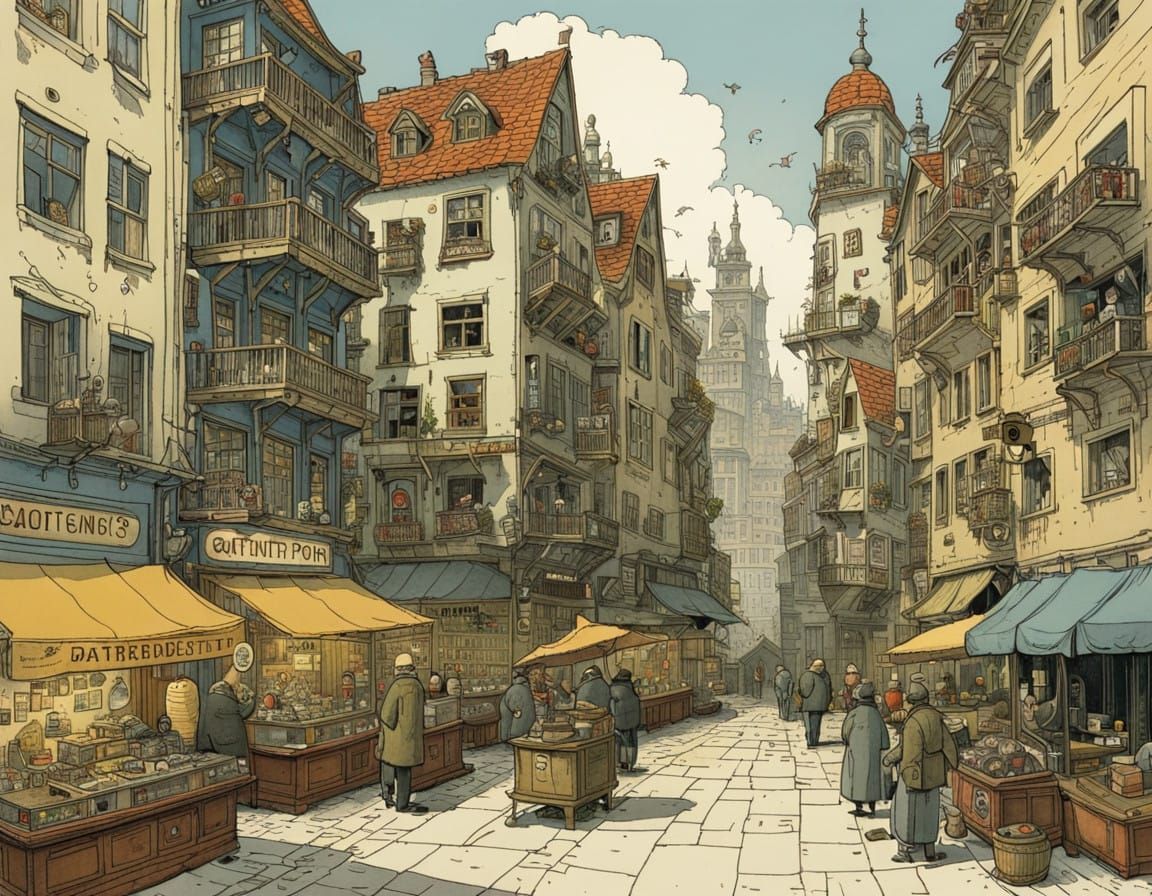 Surreal Port City in a Watercolor Style