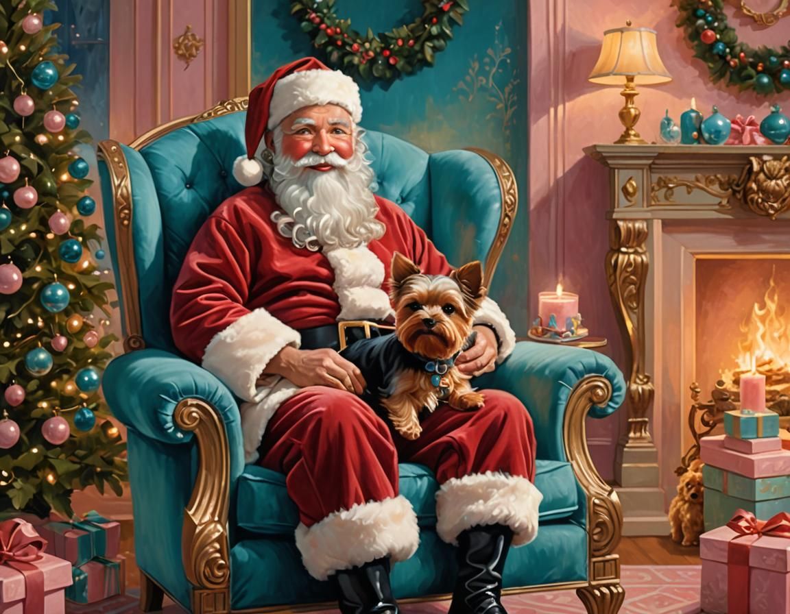 Santa and Yorkie in Art Deco Holiday Scene