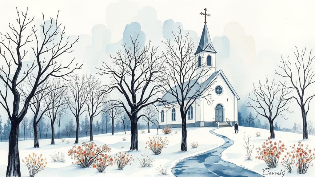 Cubist Winter Church in Ethereal Hues
