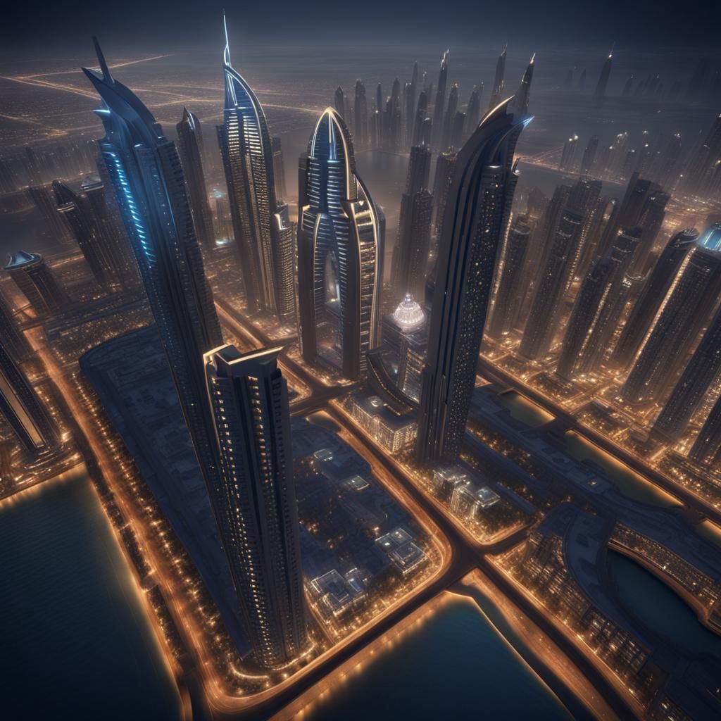 Dubai Night Cityscape: Detailed Fantasy Concept Art