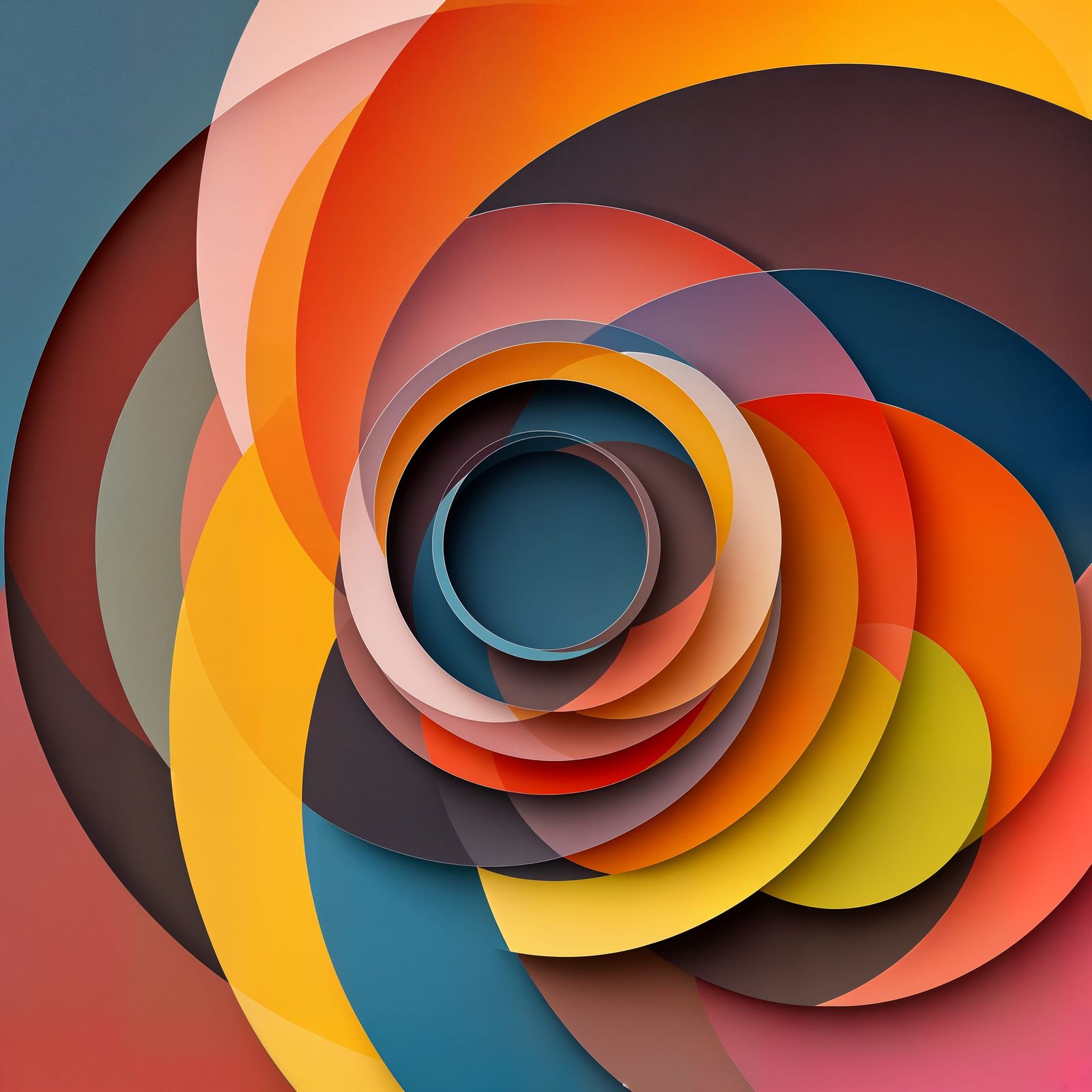 A 3d geometric abstraction artwork composed entirely of circles. A clean, symmetrical composition with bold, contrasting...