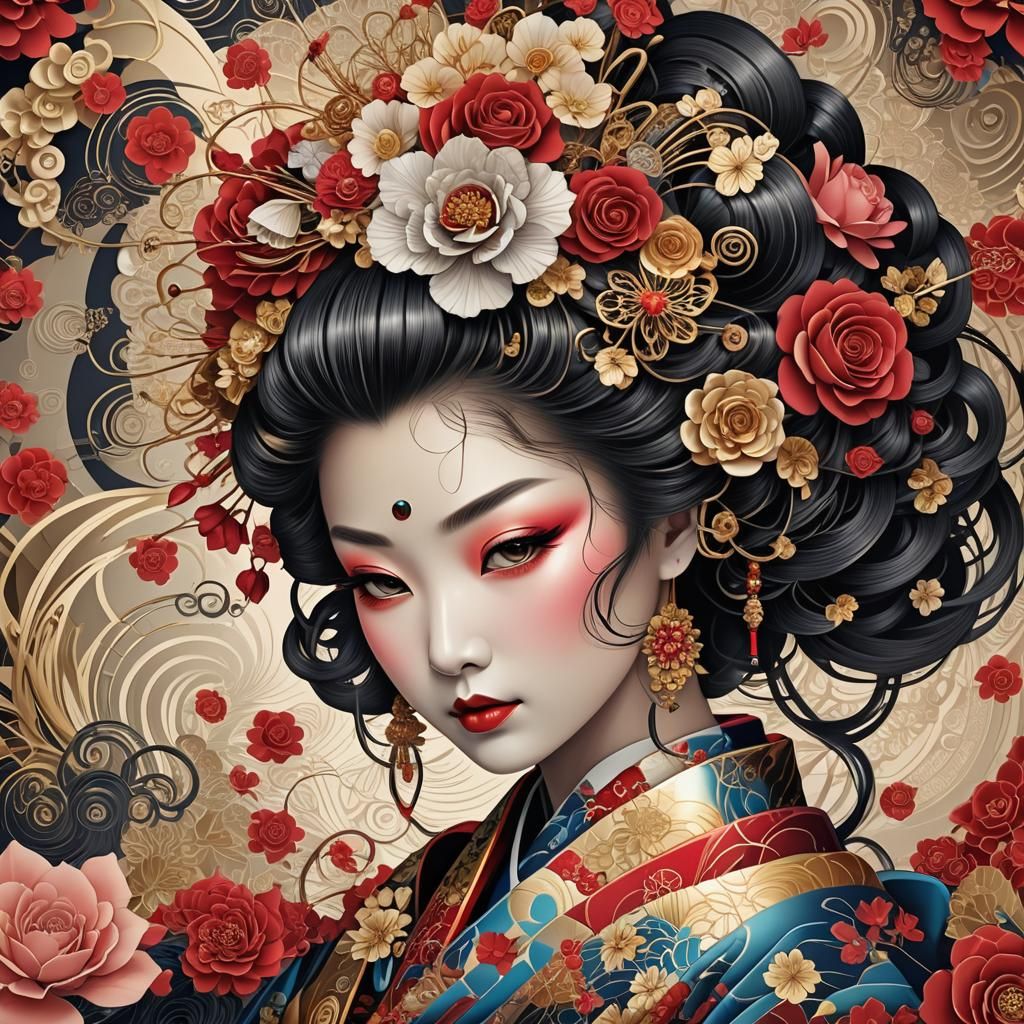 Geisha Portrait in Abstract Fractal Style