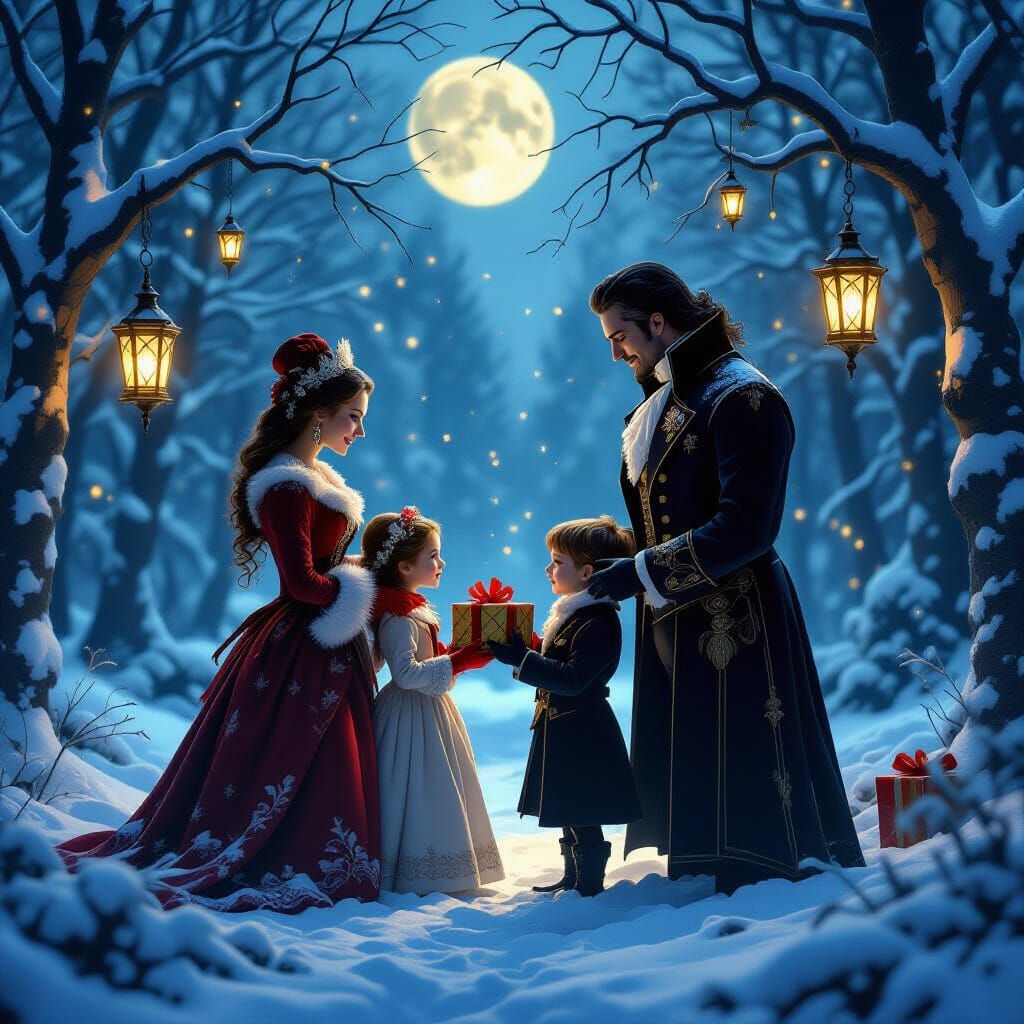 Victorian Vampire Family Christmas in Moonlit Forest