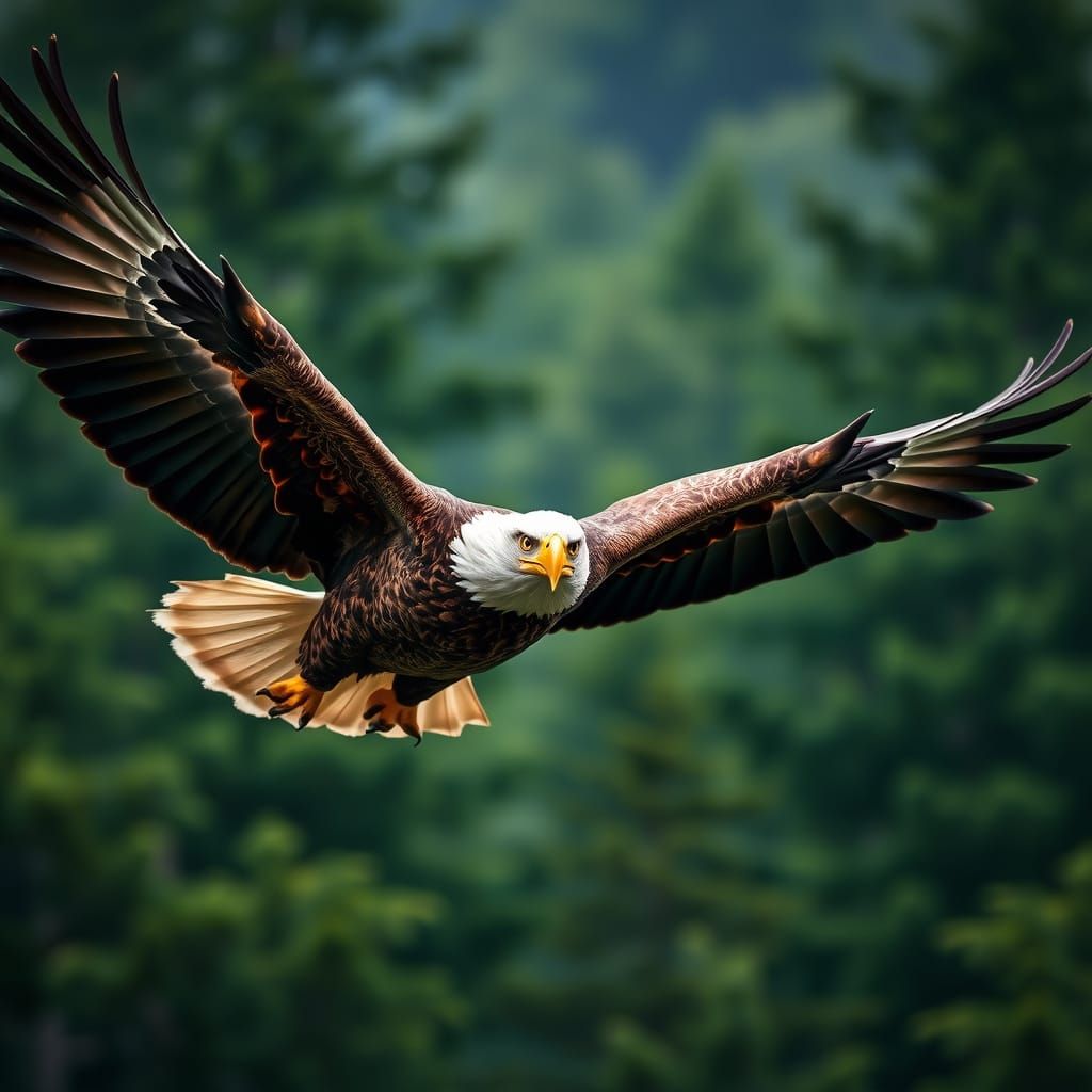 Majestic Bald Eagle Soaring Above Forest Canopy