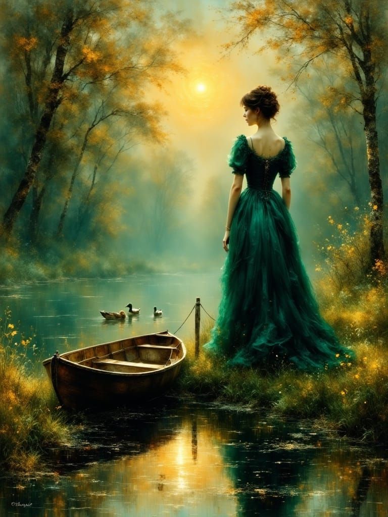 Victorian Woman by Pond at Sunset in Pre-Raphaelite Style