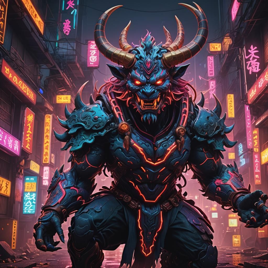 Neon Oni Mask: Detailed Matte Painting