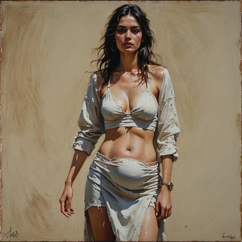 Model Touching Belly Button: Oil Painting