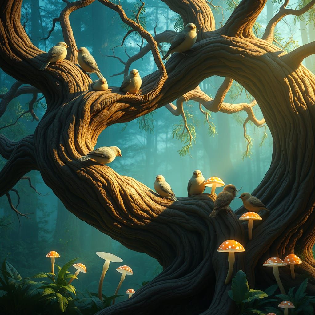 Dreamlike Forest Scene with Birds in Slumber