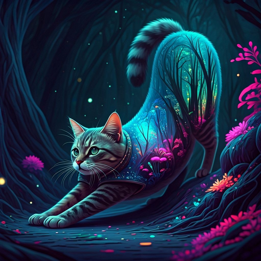 Cat Merges With Bioluminescent Dreamscape Ecosystem