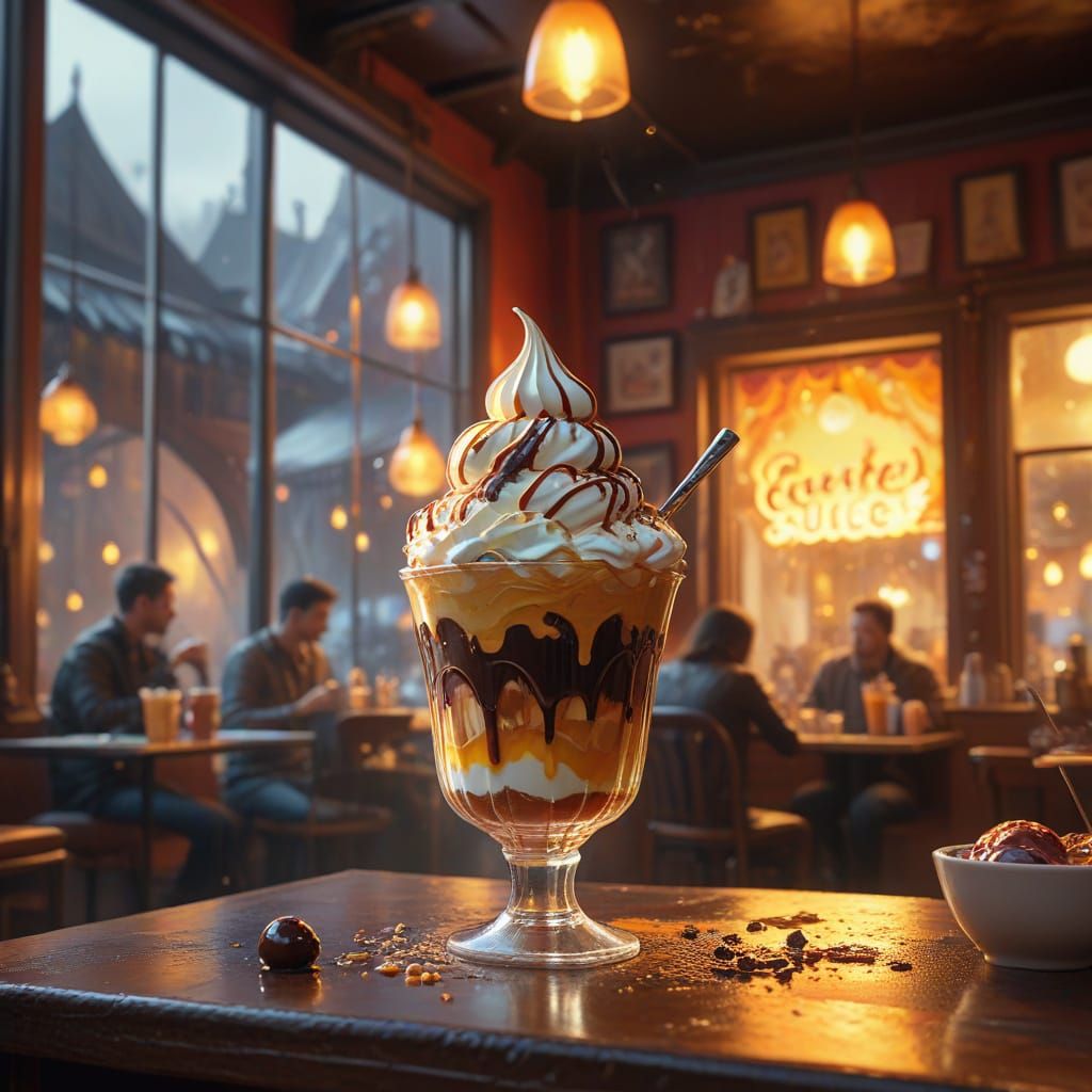 Magical Dessert Shop Hot Fudge Sundae in Oil Painting Style