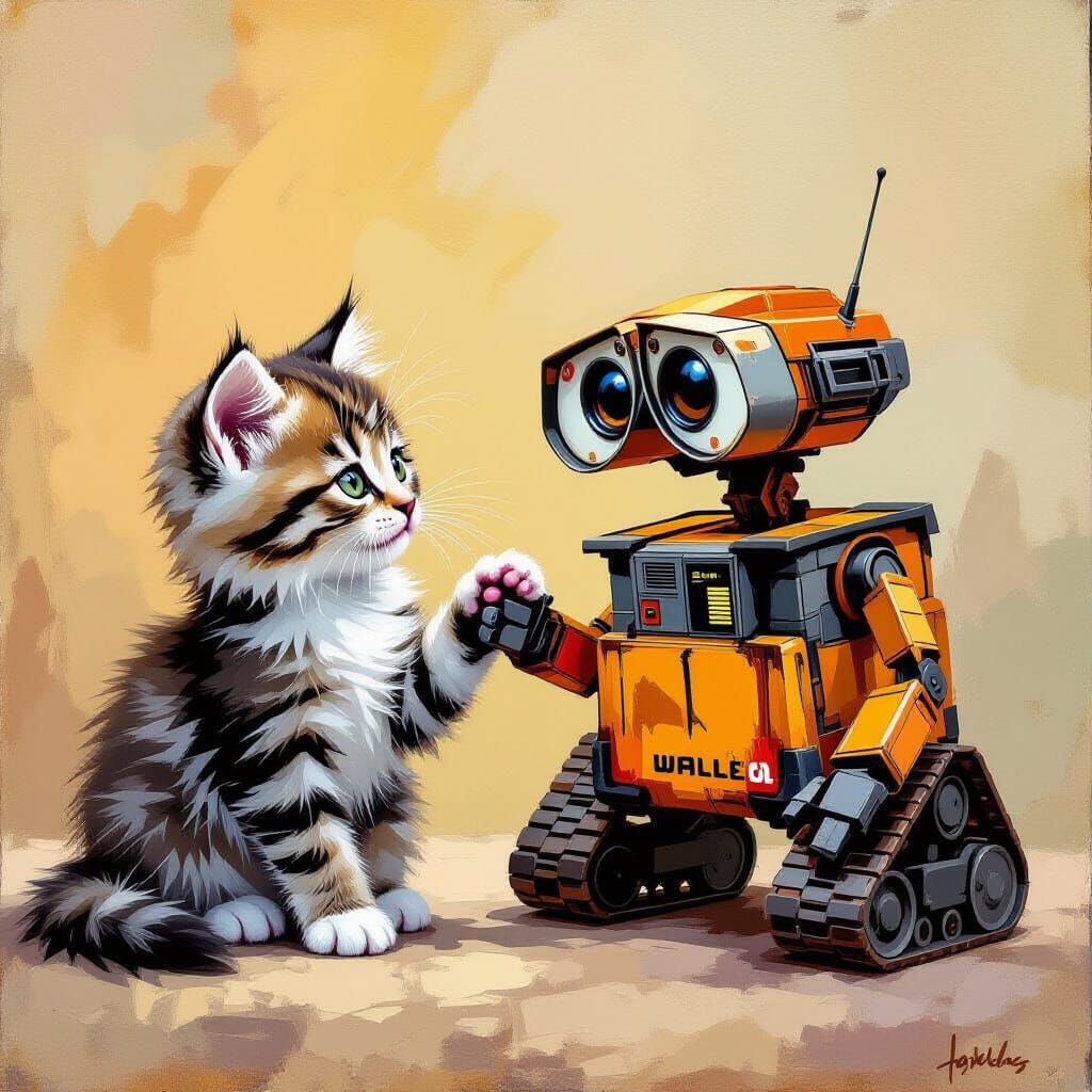 Kitten and Robot Friendship in Whimsical Oil Painting