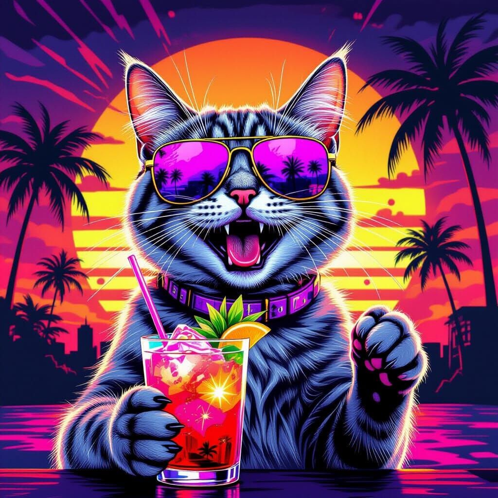 Cat in Sunglasses with Cyberpunk Graffiti Art