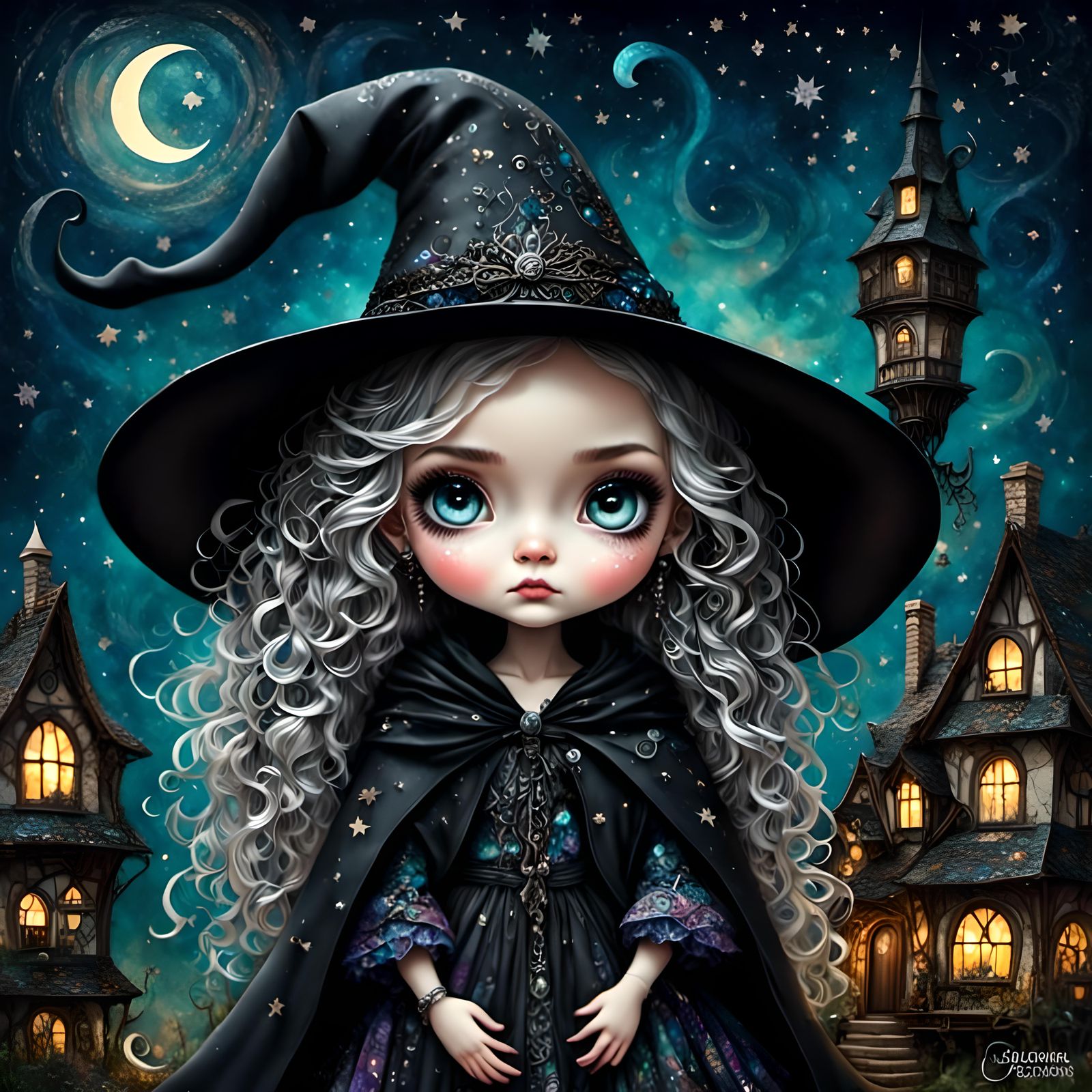 Chibi Witch Girl in Night Sky, Burton-esque Art