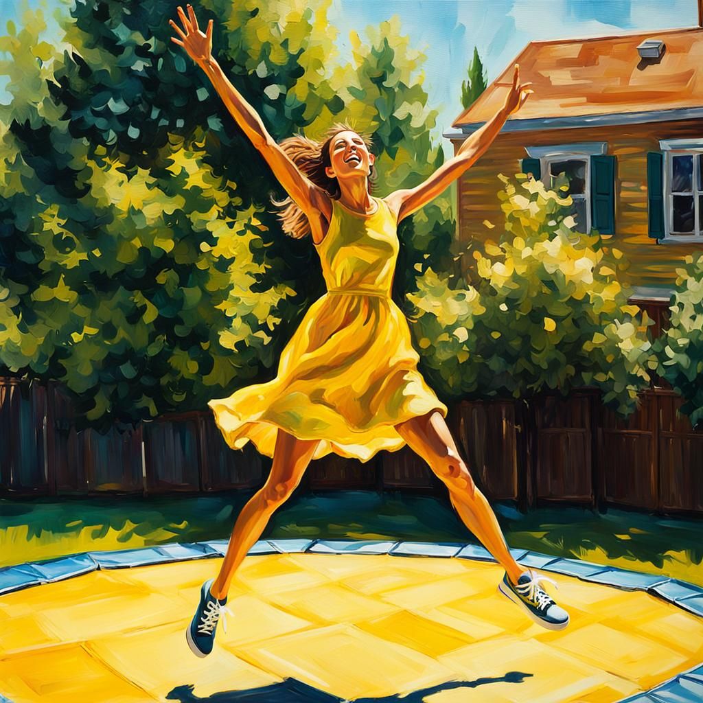 Joyful Woman Jumping: Vibrant Oil Painting