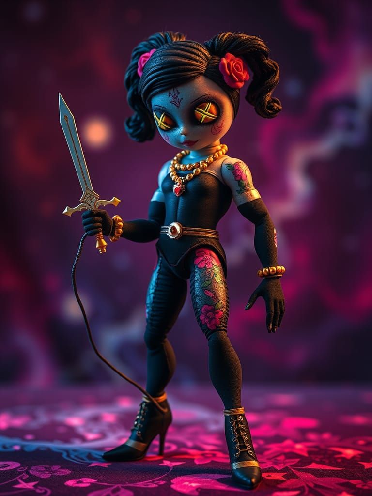 Muscular Fabric Doll with Floral Tattoos and Needle