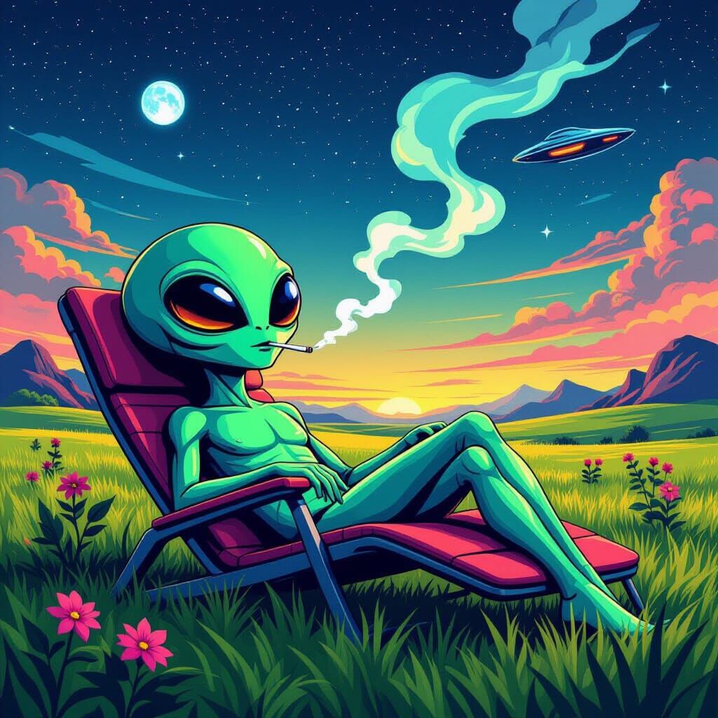 Relaxed Alien Smoking Blunt in Pop Surrealism Style