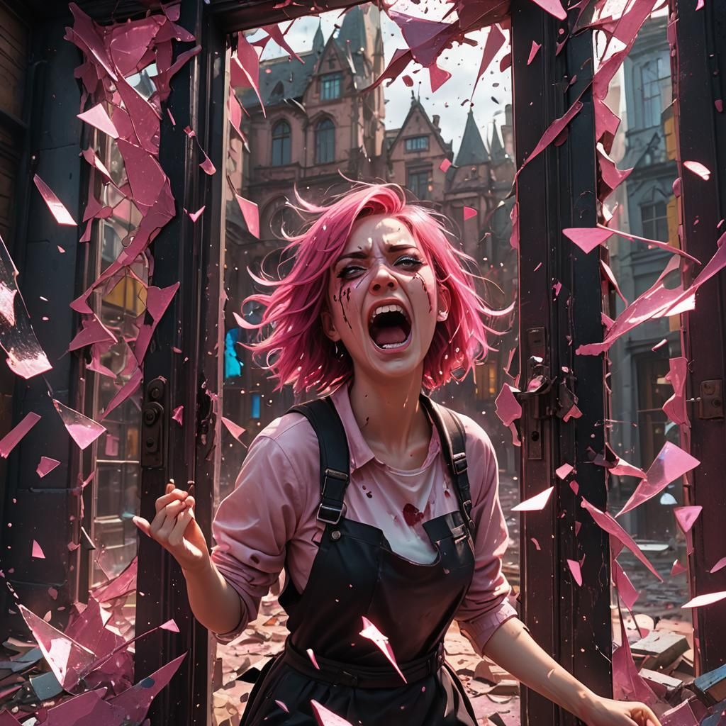 Pink Emo Girl in a Shattered Fantasy Landscape