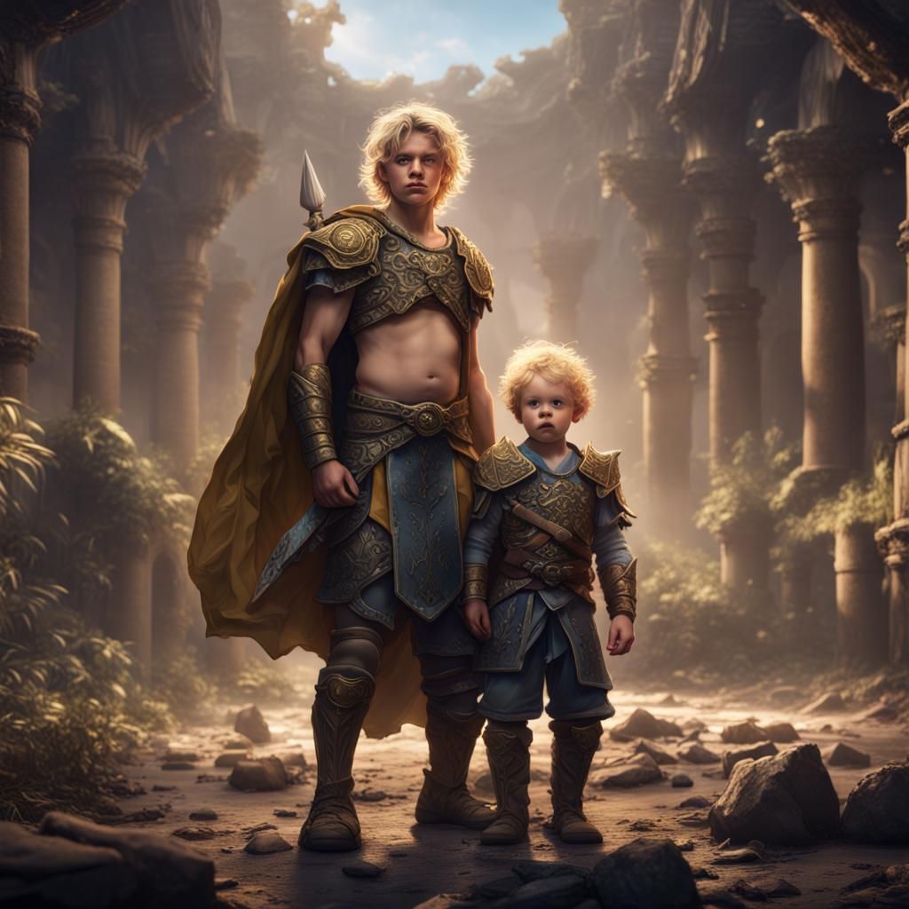 Teenage Boy with Newborn Nephew as Warriors