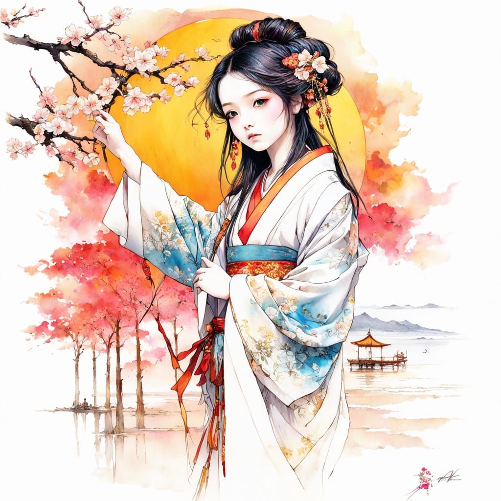 Japanese Princess in Kimono at Sunset Beach