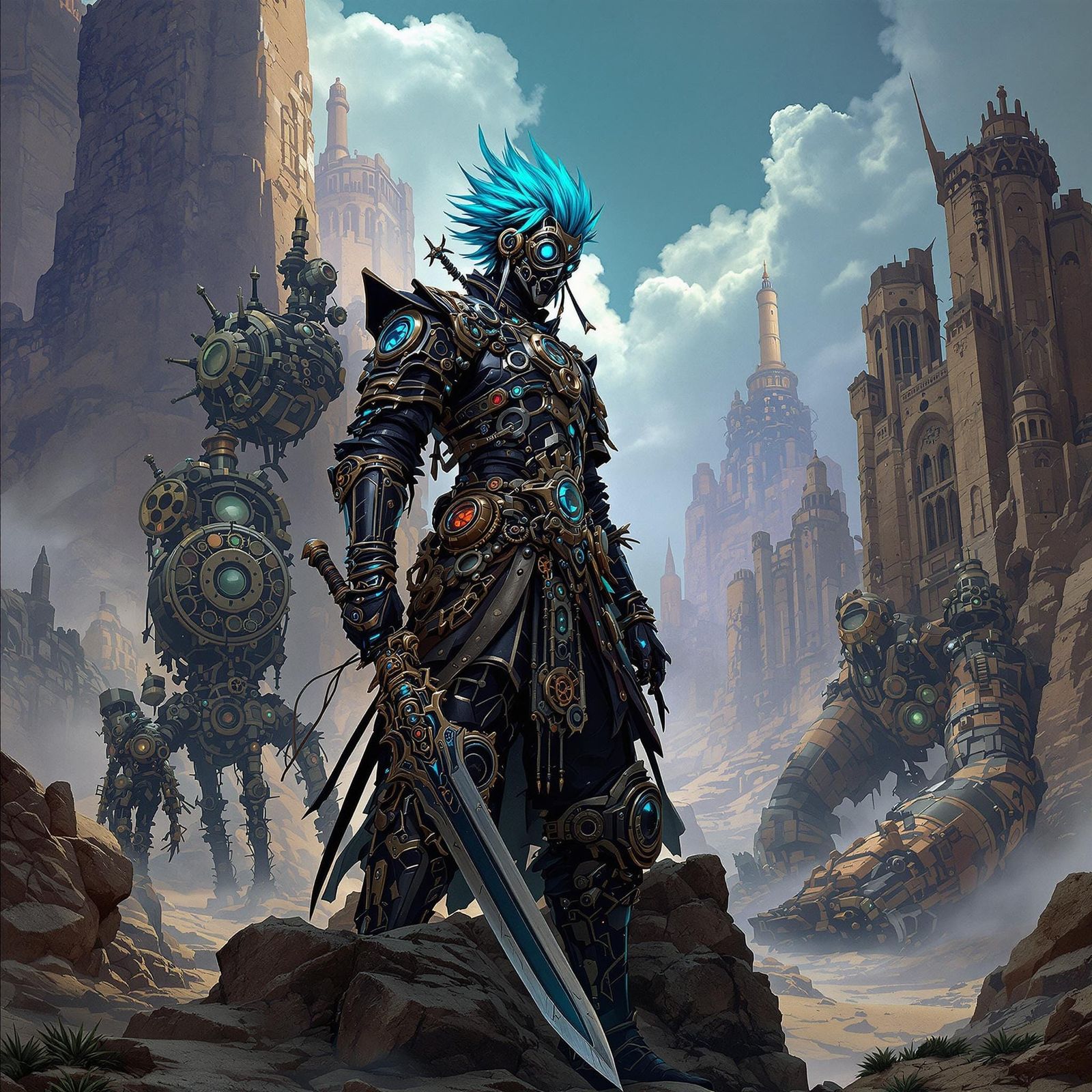 Steampunk Samurai on Golem, Art Nouveau Style