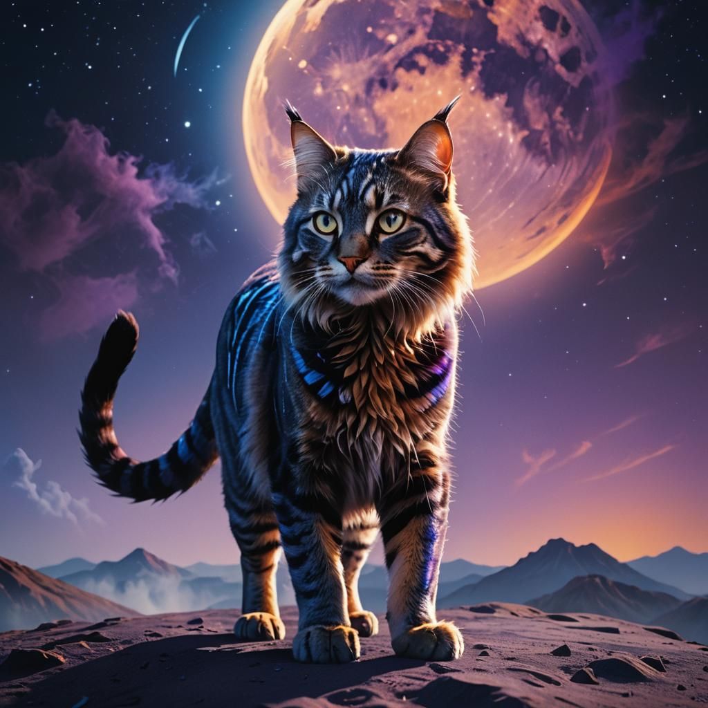 Majestic Striped Cat Walking on Dark Moon