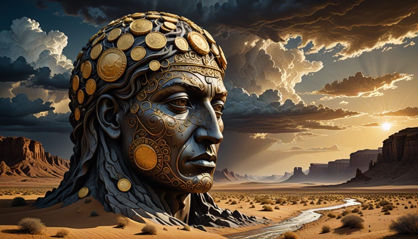 Ancient Stone Head Emerges from Desert with Gold Coin Featur...