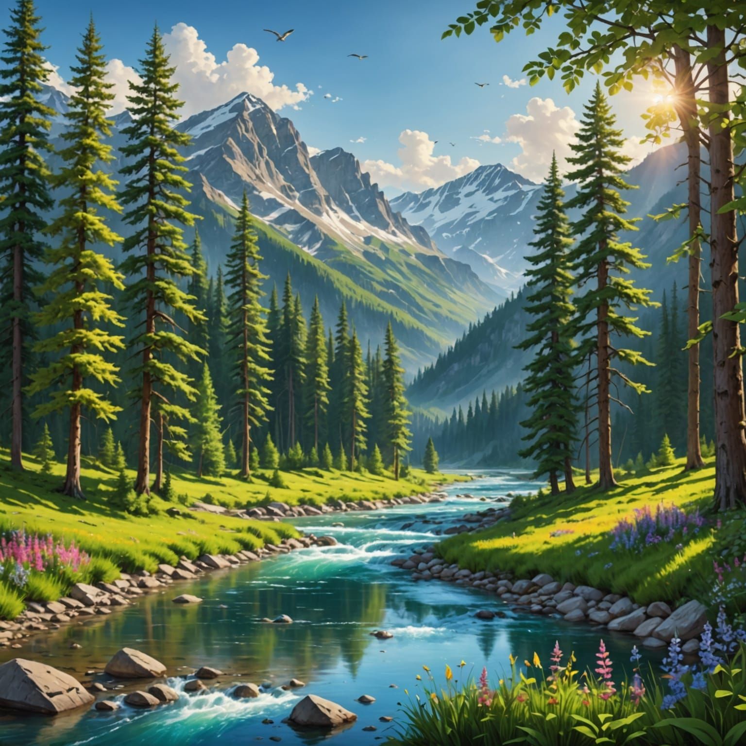Lush Green Forest With River and Mountains